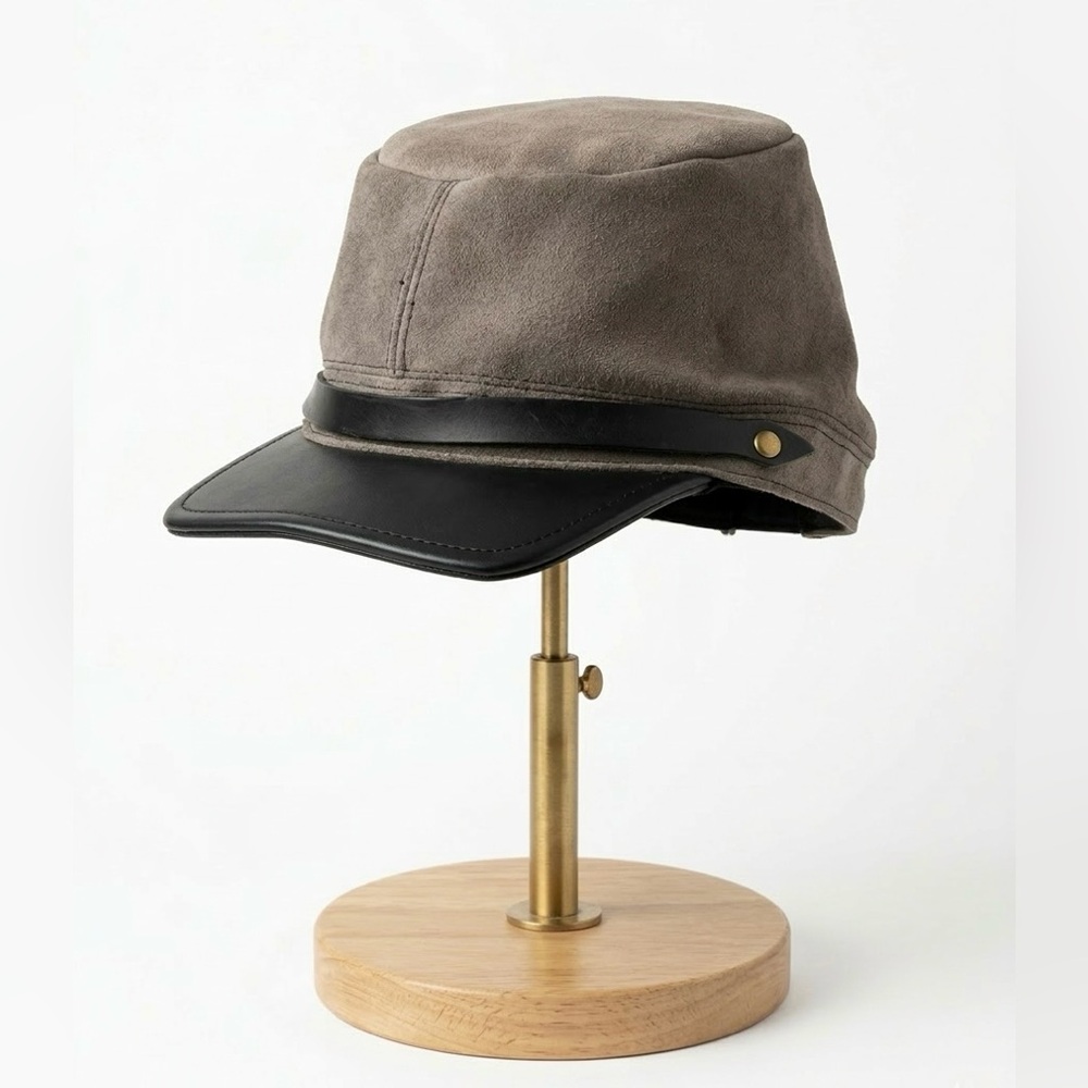 Vintage 90s Made in USA Suede Leather Biker Cadet Cap Taupe OS